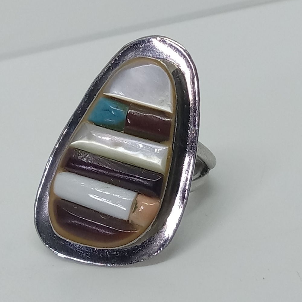 * vintage Navajo cobblestone multi stones inlay sterling silver ring size 6.5